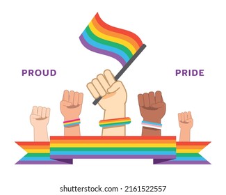 Flat pride day people hands up with flag illustration for parades.
