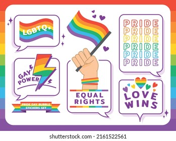 Se ponen pegatinas del Día del Orgullo Plano. Colección de etiquetas de burbujas del discurso arcoiris.