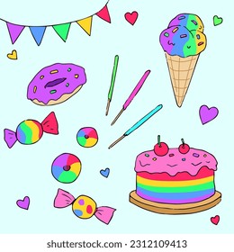 Flat pride month lgbt elements collection.rainbow dessert Pride month Vector colorfull
