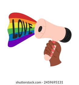 Flat Pride month poster with hand and megaphone with rainbow flag. Supporting LGBTQ community. Love and exception concept. Vector flat hand drawn elements isolated on white background