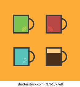 Flat primitive beverage icon set, green and red tea, coffee and water