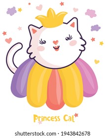 Flat Princess Cat, cartoon. Child vector. Happy summer holiday. Perfect for Nursery kids, greeting card, baby shower girl, fabric design.