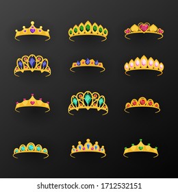 
Colección tiara de princesa plana. Ilustración vectorial.