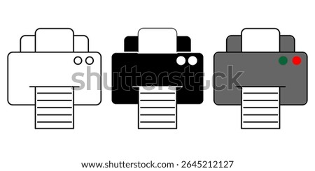 Flat printer icon set in outline and filled styles, minimalist vector design in EPS 10 format. Includes printing machine symbol with and without color fill, ideal for user interface, app, web, and off