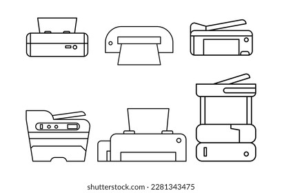 Flat printer vector icons set. Line style vector icon of printer isolated on white