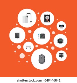 Flat Printing Machine, Control Device, Storage Device And Other Vector Elements. Set Of PC Flat Symbols Also Includes Datacenter, Printer, Server Objects.