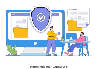 Flat privacy policy protecting your computer data for a web page concept. Outline design style minimal vector illustration for landing page, web banner, infographics, hero images.