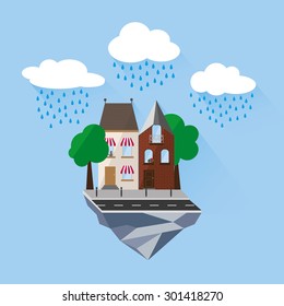 flat private building/houses with rain falling from the sky. Vector and illustration.