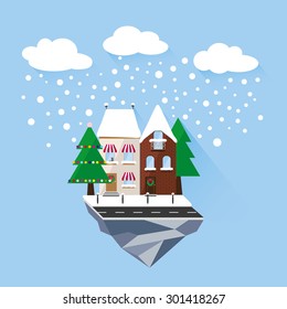 flat private building/houses with snowflake falling from the sky. Christmas tree. Vector and illustration.