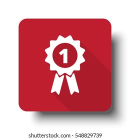 Flat Prize Ribbon web icon on red button with drop shadow