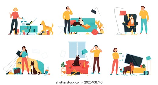 Flat Problem Pets Set With Angry Upset Owners And Dog Making Mess In Living Room Isolated Vector Illustration