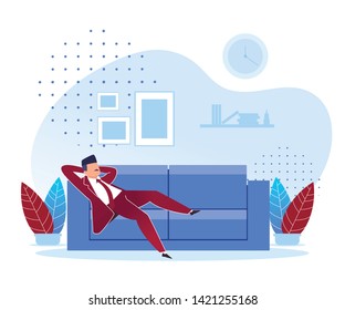 Flat Procrastination Wrong Priorities Cartoon. Employee Deliberately Loses Useful Time Allotted to Solve Goal for other Cases that are not Related to Task. Man in Suit Lying on Couch.