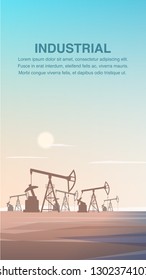 Flat Production Drilling Rig Oil from Depths Earth. Banner Illustration Industrial Zone Refining Petroleum Products. Plant Mining Burning Substance. Gasoline Production. Industrial Part Desert