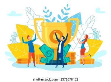 Flat Productive Team Wins Vector Illustration. Men and Women Rejoice and Rejoice Victory, on Winner Phone Cup. Team Metaphor Corporate Culture Joy and Understanding. Prize Pool Cartoon.