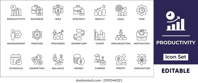 Flat productivity and efficiency line icon set featuring task management, workflow optimization, time tracking, goal setting, teamwork, business success, and performance improvement.