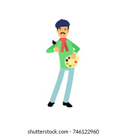 Flat profession artist standing with brush and palette in hands