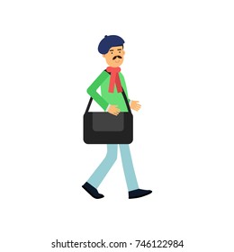 Flat profession artist walking with bag for paintings