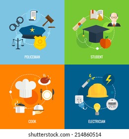 Flat profession composition set with policeman student cook electrician isolated vector illustration