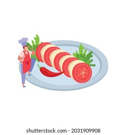 Flat professional kitchen icon with caprese salad on plate and chef vector illustration