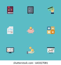 Flat Profit, Safe, Accounting System And Other Vector Elements. Set Of Accounting Flat Symbols Also Includes Sheet, Report, Moneybox Objects.