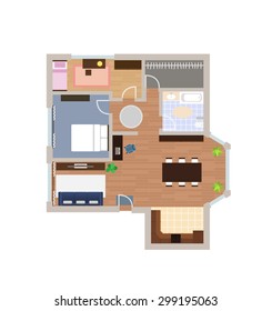 Flat project with furniture, vector, view from above