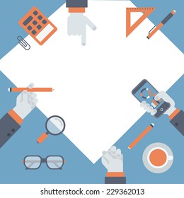 Flat project management concept. Business research of new idea vector illustration infographics icon set. Brainstorming, hands holding phone working on empty blank background. Place your text, logo.