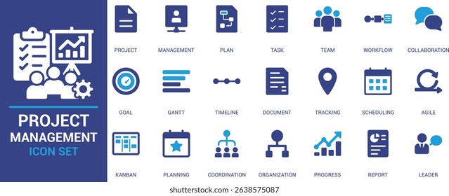 Flat project management icon set with symbols for planning, task, workflow, team, goal, Gantt chart, tracking, agile, collaboration, and scheduling.

