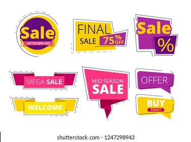 Flat promo banners. Big sale advertizing offers on colored ribbons vector template