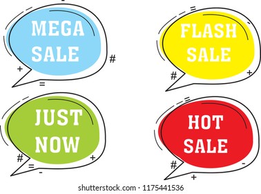 Flat promotion ribbon banner, scroll, price tag, sticker, badge, poster. Vector illustration Green, Blue, Yellow, and Red