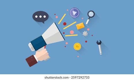 Flat promotion search message background, business company, print, website, homepage, visual, vector icon