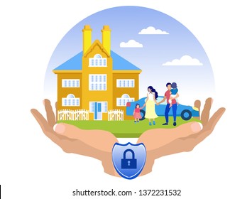 Flat Property Accident Insurance Illustration. Close-up Female Hands Holding Picture With Lock. Family With Children On Background House And Car. Home Property Care And  Protection.