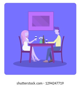 Flat prople. Couple. Illustration with romantic dinner. Dating. Valentines day celebration. In the restaurant. Man and woman sitting at the table. Vector illustration in flat style. - Vector