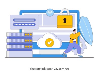 Flat protection of personal data, cloud storage of information, user authorization, cloud storage concept. Outline design style illustration for landing page, web banner, infographics, hero images.