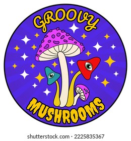 Flat Pshychedelic one eye Groovy Magick Mushrooms vector badge