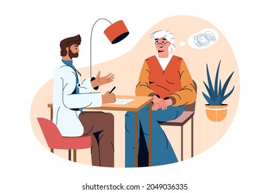 Flat Psychiatrist Doctor And Old Patient With Alzheimer Disease, Confusion In Head. Psychiatric Physician Help Elderly Woman. Treatment Of Dementia, Mental Health Problems Or Loss Of Short-term Memory