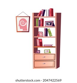 Icono de interior de oficina de psicólogo plano con biblioteca y afiche en ilustración de vector de pared