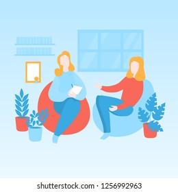 Flat psychologist office, patient having individual psychological therapy and counseling with therapist. Psychotherapy session. Mental health, healthcare and psychology. Psychiatrist consultation.