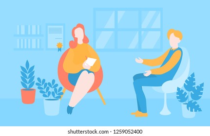 Flat psychologist office, patient having individual psychological therapy and counseling with therapist. Psychotherapy session. Mental health, healthcare and psychology. Psychiatrist consultation