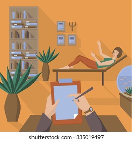 Flat psychologist office, flat vector girl with psychological problems, woman have psychological therapy