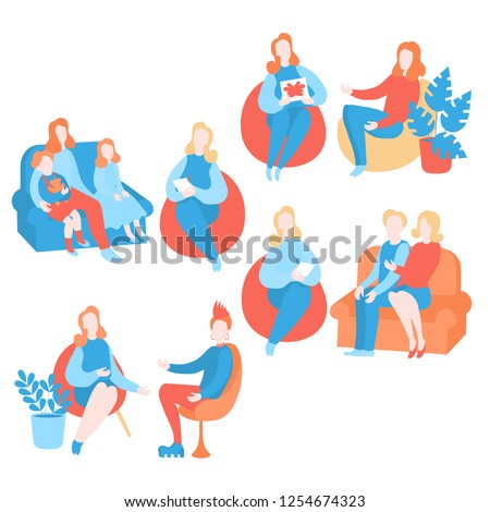 Flat psychologist set, psychological therapy and counseling with therapist. Psychotherapy session. 