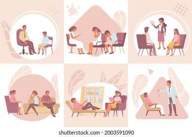 Flat psychology individual and family therapy composition set with men women children getting psychological help isolated vector illustration