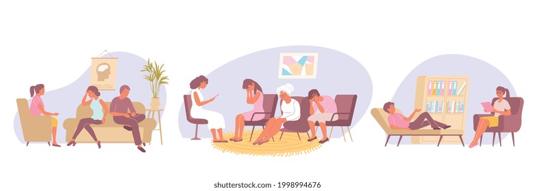 Flat psychology set of three compositions with people during family group and individual therapy with psychologist isolated vector illustration
