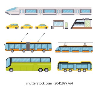 Flat Public City Land Transport und gelbe Taxi Auto. Stadtfahrzeuge und Bushaltestelle. Cartoon Trolleybus, U-Bahn und Straßenbahn Vektor Set. Stadtfahrzeuge oder einzelne Verkehrsmittel