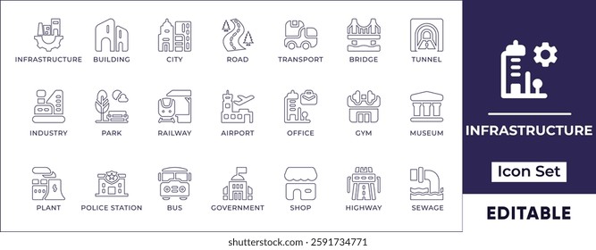 Flat public infrastructure and city elements cine icon set featuring urban planning, smart cities, transportation, road networks, buildings, energy systems, and public utilities.