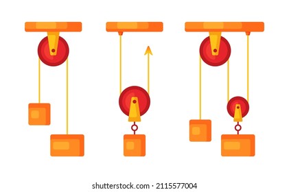 Flat pulley with rounded cartoon style isolated on white background. Three different red pulley or tackle style