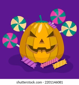 Flat pumpkin and candy cane vector illustration