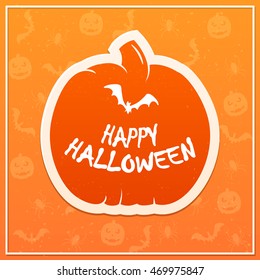 Flat pumpkin on orange background with inscription Happy Halloween and flying bat, illustration.