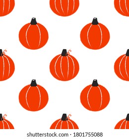 Flat pumpkin seamless background. Doodle template. Vector illustration. Grunge abstract pattern. Fall backdrop. Autumn textile ornament. Holiday celebration.