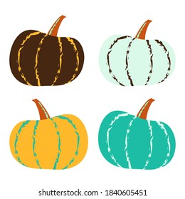 Flat pumpkin set in autumn palette. Vector harvesting illustration  for thanksgiving day designs, halloween festival, poster, banner, greeting card. EPS 10