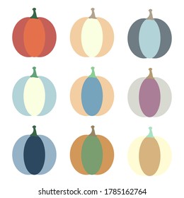 Flat pumpkin set isolated vector illustration. Graphic design element. Cartoon food collection for thanksgiving day. Fall celebration.